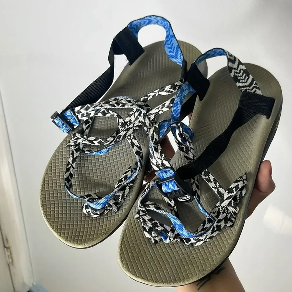 CHACO Black and White Blue Detail Patterned Strappy Sandals Size 10